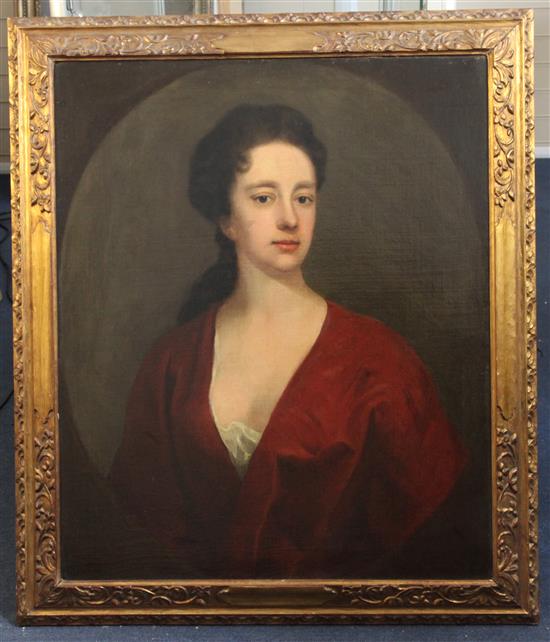 18th Century English School Portrait of a lady wearing a red dress 30 x 25in.